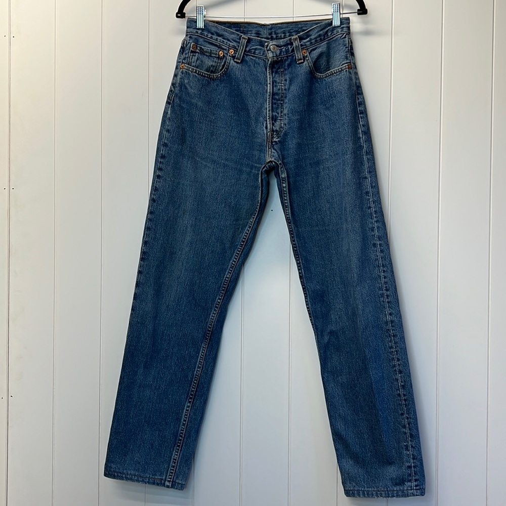 Levi’s 517 Straight Leg Denim Blue Jeans Button Fly Whiskering Faded Distressed